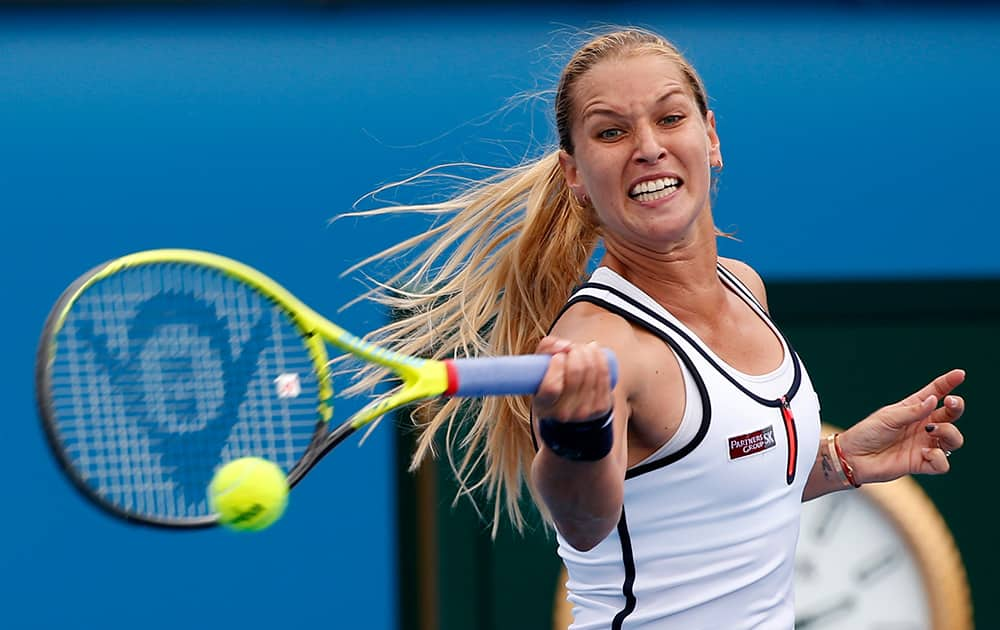 Dominika Cibulkova of Slovakia makes a forehand return to Kirsten Flipkens of Belgium during their first round match at the Australian Open tennis championship in Melbourne, Australia.