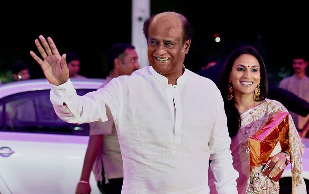 Rajinikanth and his daughter Aishwarya attend the wedding reception of Shatrughan Sinhas son Kussh and Taruna Agarwal.