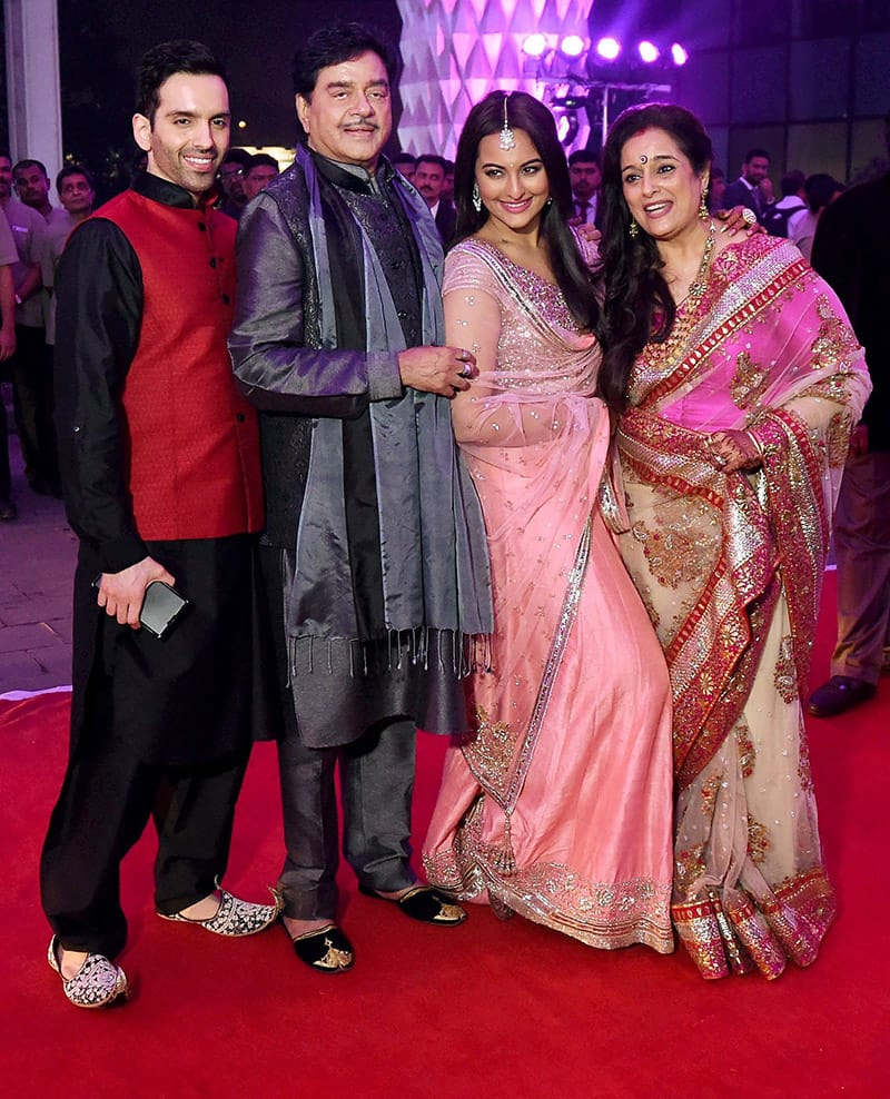 Shatrughan Sinha with son Luv, daughter Sonakshi, wife Poonam during the wedding reception of his son Kussh in Mumbai.