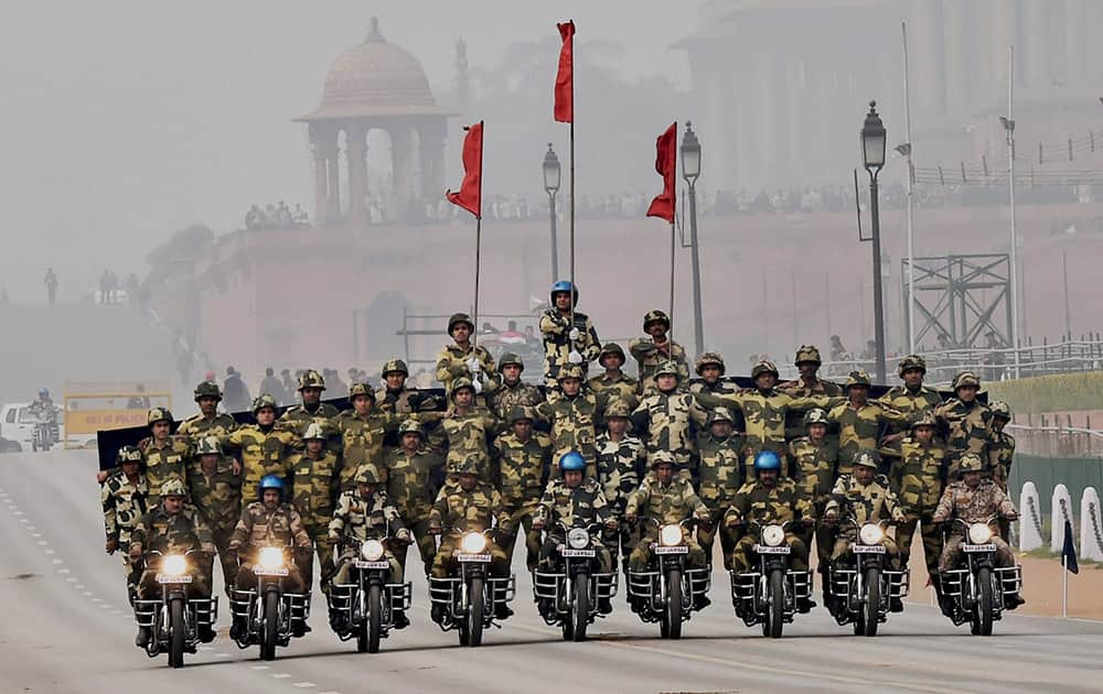 BSF daredevils during the rehearsal for the Republic Day parade at Rajpath in New Delhi.