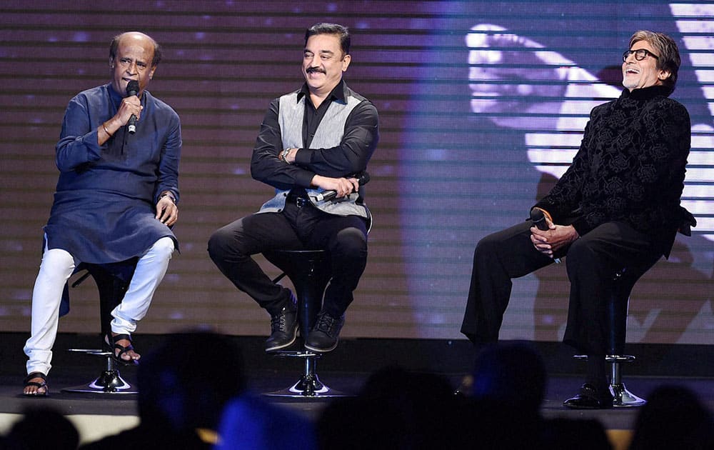 Bollywood actors Amitabh Bachchan, Kamal Hasan and Rajnikant during the music launch of Shamitabh in Mumbai.