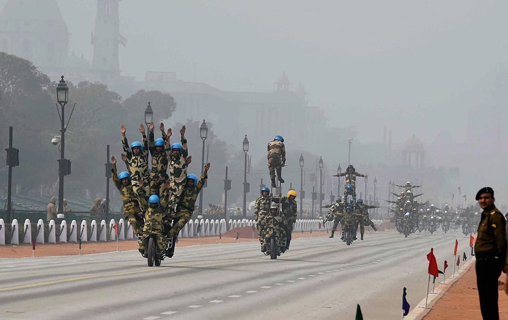 BSF daredevils during the rehearsal for the Republic Day parade at Rajpath in New Delhi.