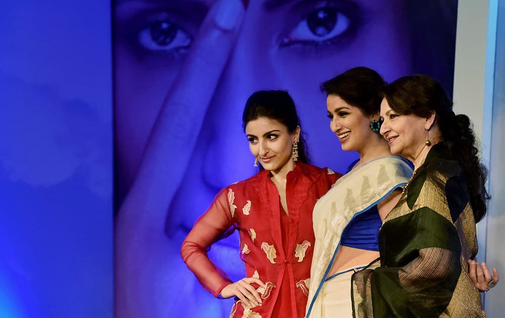 Vetran actress Sharmila Tagore along with daughter Soha Ali Khan and Tisca Chopra pose for media during a scholarship programme in Mumbai.