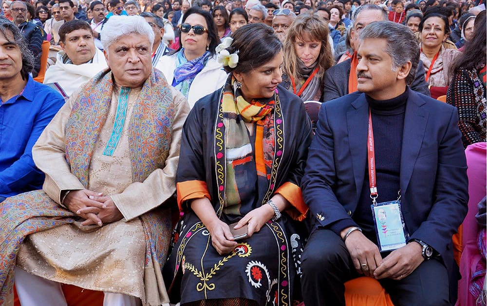 Lyricist and scriptwriter Javed Akhtar, his wife and actress Shabana Azmi and Mahindra & Mahindra Group Chairman Anand Mahindra during the Zee Jaipur Literature Festival at Diggi Palace in Jaipur.