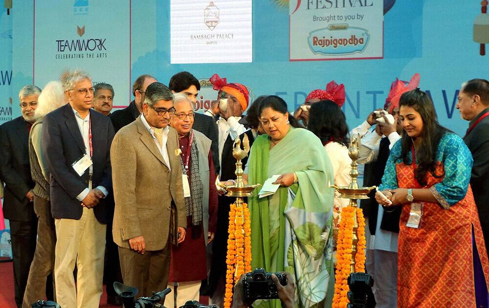 Rajasthan Chief Minister Vasundhara Raje lights the lamp at the inauguration of the Zee Jaipur Literature Festival at Diggi Palace in Jaipur.