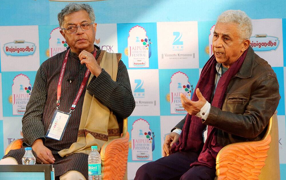 Naseeruddin Shah and Girish Karnad at a session at Zee Jaipur Literature Festival at Diggi Palace in Jaipur.