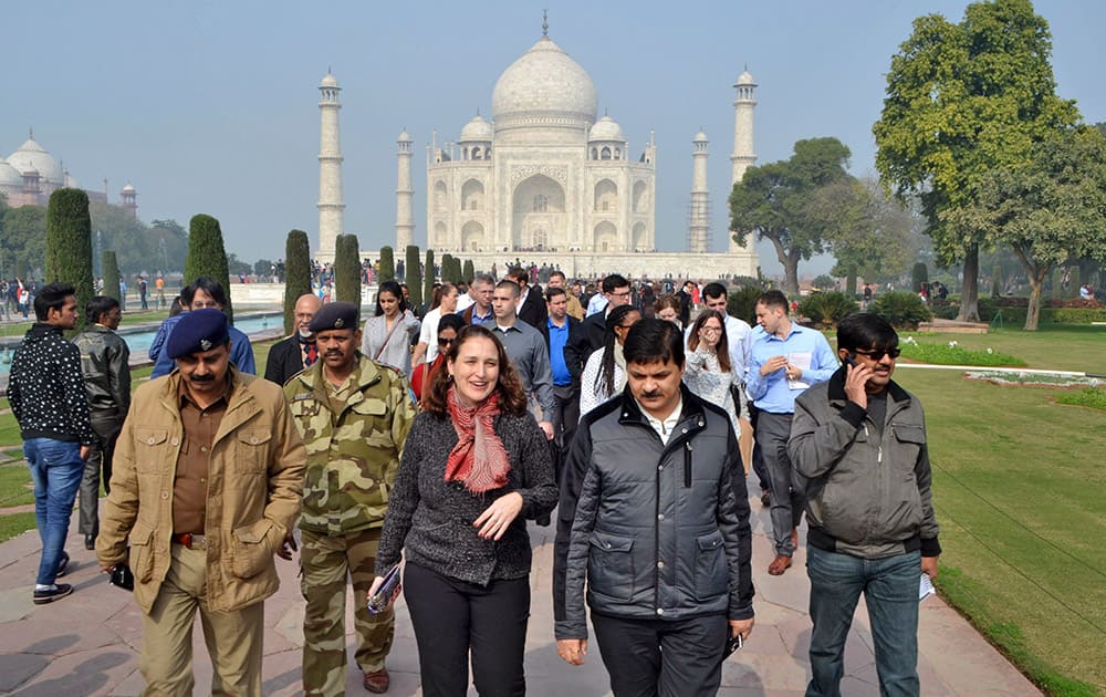 US President Barack Obama's advance team review the Taj Mahal monument with Archaelogical Survey of India (ASI) chief Navratan Kumar Pathak in Agra.