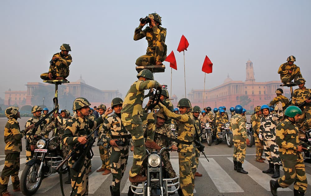A Daredevils unit of the Indian Border Security Force prepares to perform during rehearsals for the upcoming Republic Day parade in New Delhi.