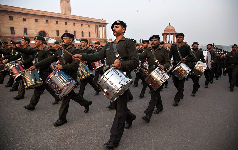 Members of the Indian Army band rehearse for the upcoming Beating Retreat ceremony at Raisina Hill, which houses India's most important ministries and the presidential palace, in New Delhi.