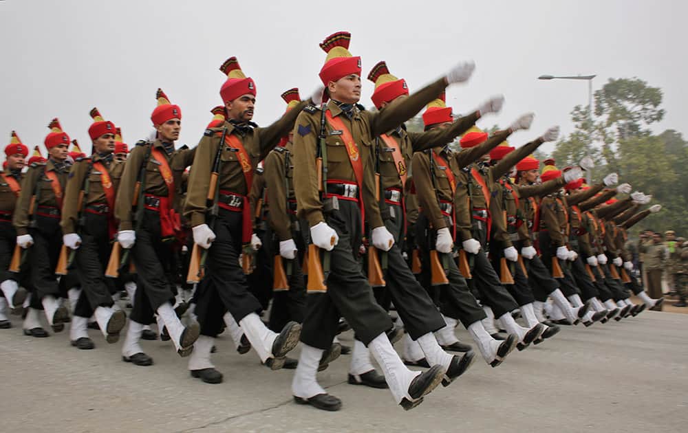 A contingent of Indian army's JAT regiment march during rehearsals for the upcoming Republic Day parade in New Delhi.