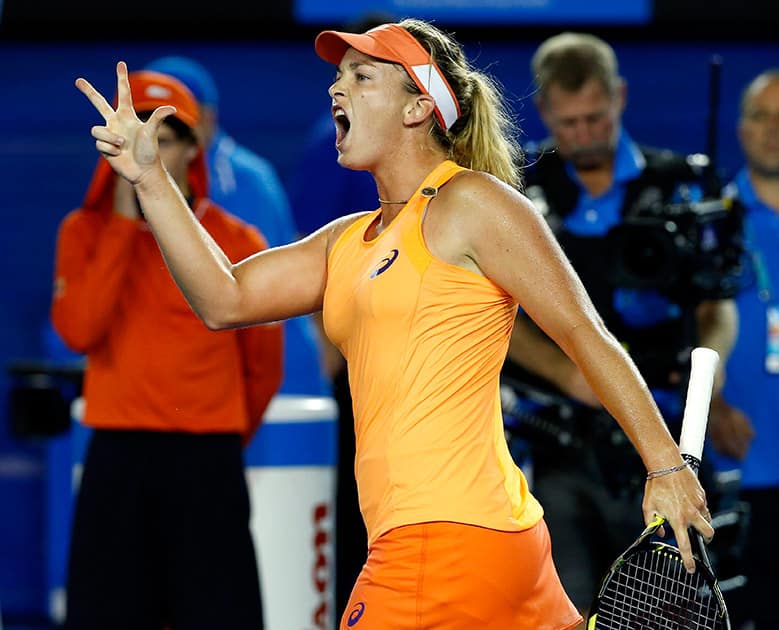 Coco Vandeweghe of the US celebrates after defeating Samantha Stosur of Australia during their second round match at the Australian Open tennis championship in Melbourne.