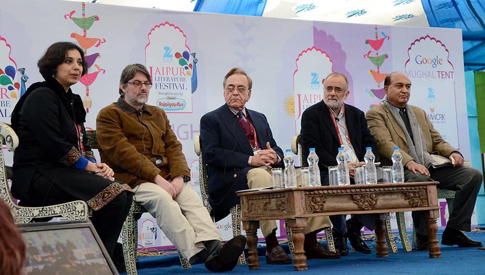 Ahmed Rashid, Khurshid Mahmud Kasuri, G Parthasarathy, Anatol Lieven at a session moderated by Suhasini Haider on 'Descent into Chaos- Pakistan on the Brink' during the Zee Jaipur Literature Festival 2015 in Jaipur.