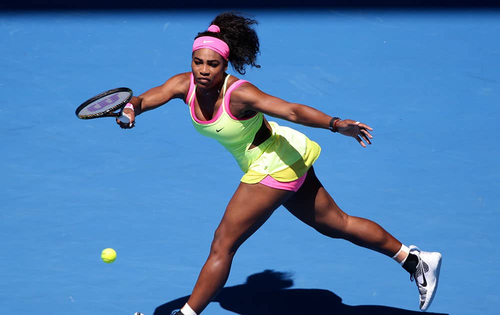 Serena Williams of the US reaches out for a shot to Elina Svitolina of Ukraine during their third round match at the Australian Open tennis championship in Melbourne.
