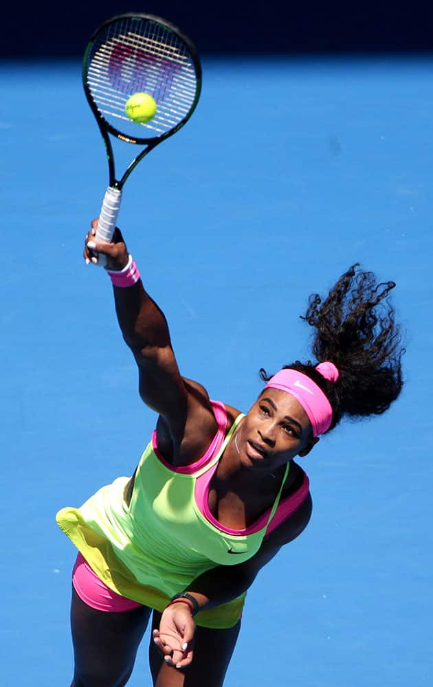 Serena Williams of the U.S. serves to Elina Svitolina of Ukraine during their third round match at the Australian Open tennis championship in Melbourne, Australia.