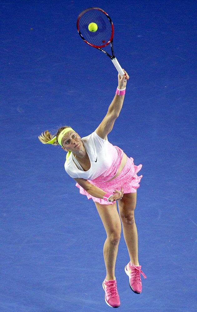 Petra Kvitova of the Czech Republic serves to Madison Keys of the U.S. during their third round match at the Australian Open tennis championship in Melbourne, Australia.