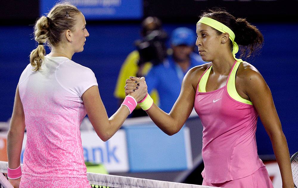 Madison Keys of the U.S., right, is congratulated by Petra Kvitova of the Czech Republic after winning their third round match at the Australian Open tennis championship in Melbourne, Australia.