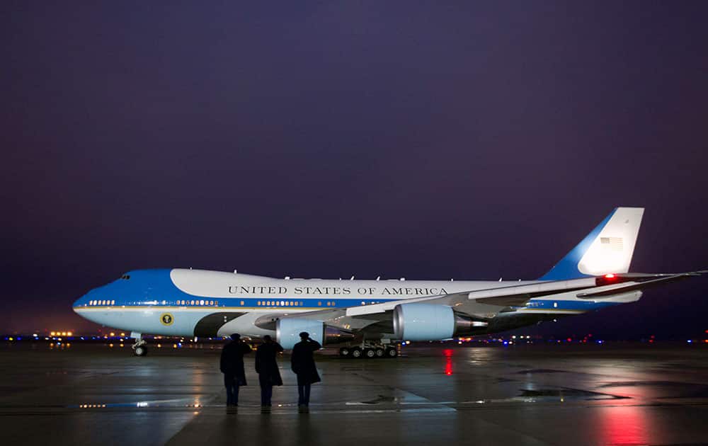 Air Force One with President Barack Obama and first lady Michelle Obama aboard prepares to depart from Andrews Air Force Base, for a trip to New Delhi, India, by way of Ramstein Air Base, Germany.
