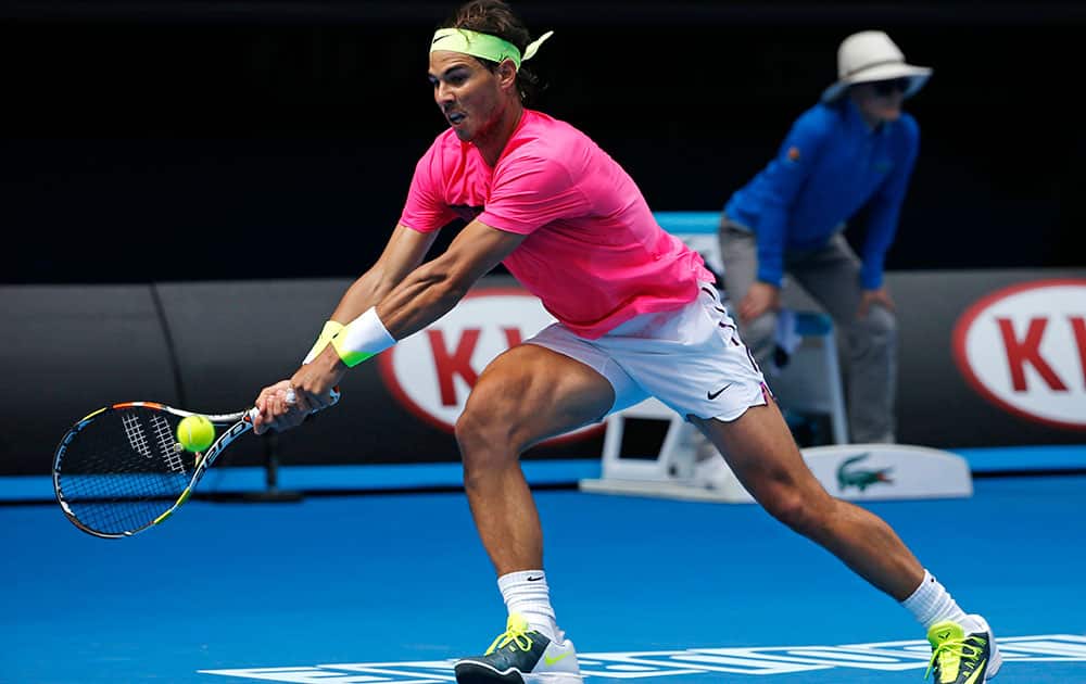 Rafael Nadal of Spain reaches for a shot to Kevin Anderson of South Africa during their fourth round match at the Australian Open tennis championship.