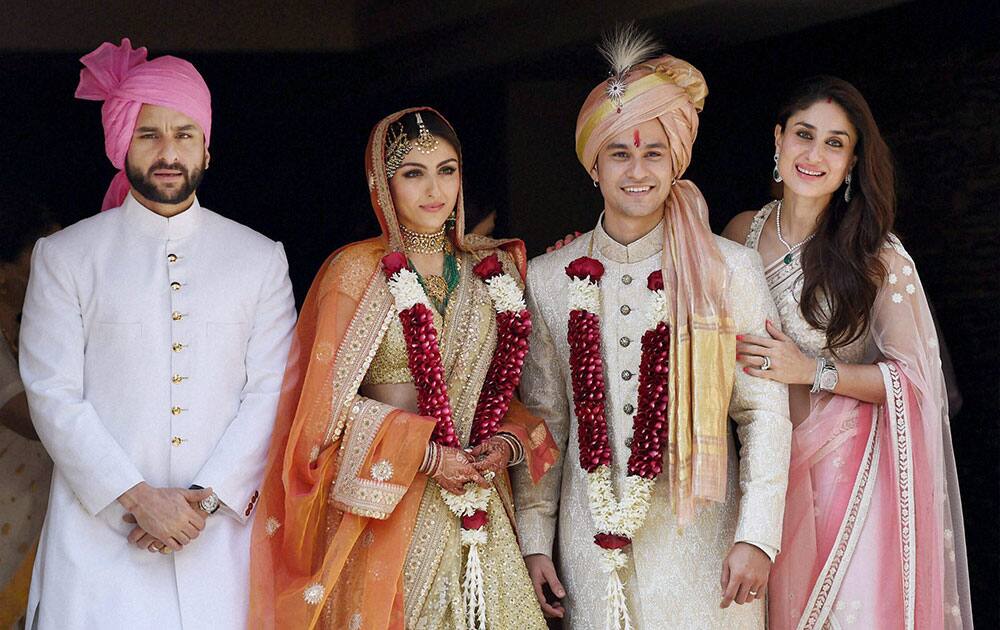 Newly-wed couple Soha Ali Khan and Kunal Khemu along with family members Saif Ali Khan and Kareena Kapoor Khan in Mumbai.