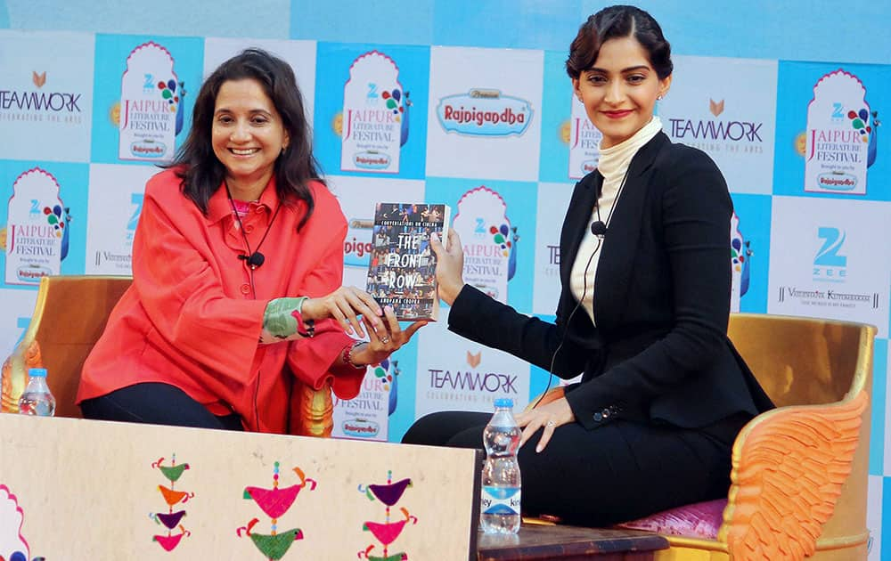  Bollywood actress Sonam Kapoor with Anupama Chopra at a book launch at Jaipur Literature Festival at Diggi Palace on Sunday. 