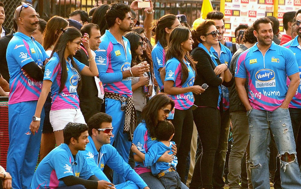 Bollywood actors and members of Mumbai Heroes members in CCL Cricket Salman Khan and Sohail Khan in Sardar Patel Stadium in Ahmedabad.