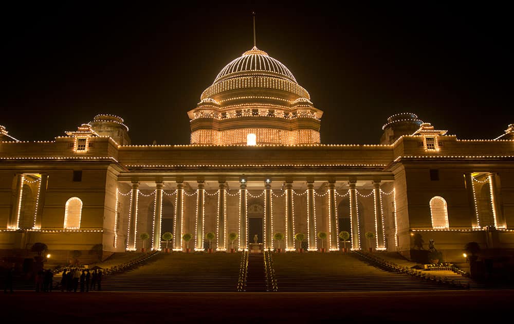The illuminated Rashtrapati Bhavan, the presidential palace, is seen before President Barack Obama and first lady Michelle Obama and Indian President Pranab Mukherjee participate in a State Dinner, in New Delhi.