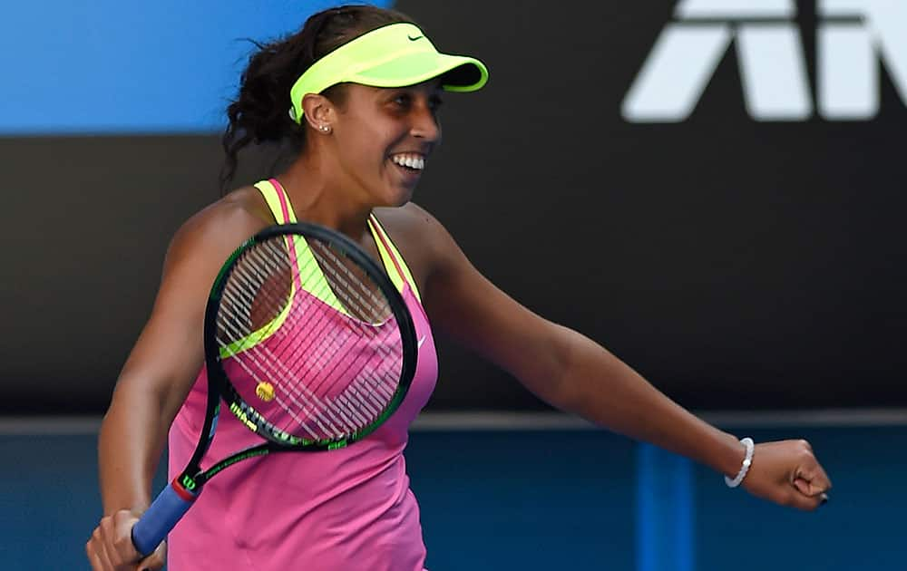 Madison Keys of the U.S. celebrates after defeating her compatriot Madison Brengle in their fourth round match at the Australian Open tennis championship in Melbourne, Australia.