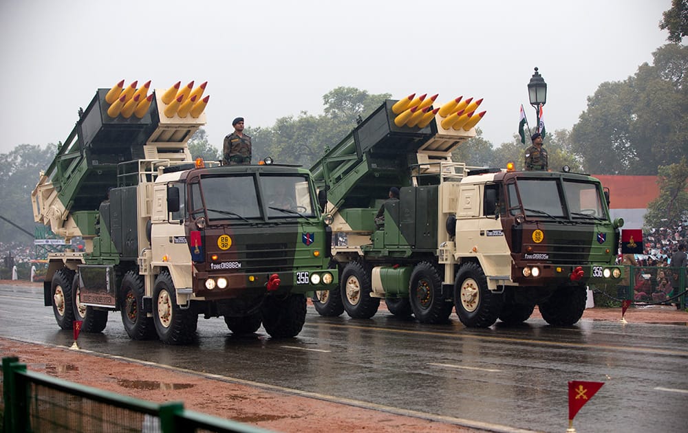 Military weapons move along the Republic Day Parade route in New Delhi.  President Barack Obama is the Chief Guest for this year's parade.