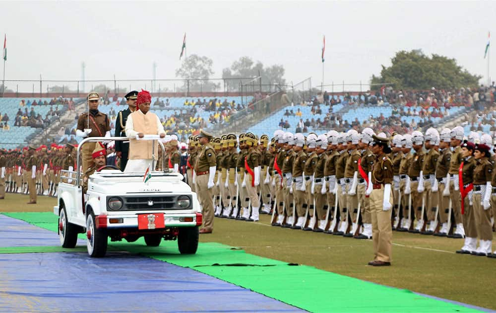 Rajasthan Governor Kalyan Singh inspecting the parade during the 66th Republic day celebration at SMS Stadium.