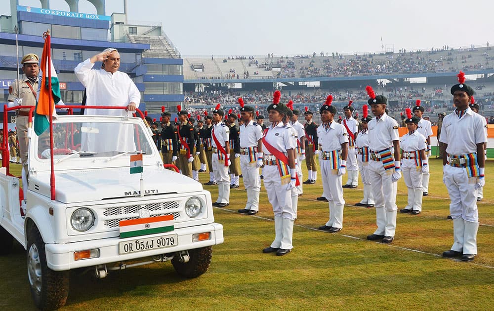  Chief Minister Naveen Patnaik inspecting the Republic Day parade at Barabati Stadium in Cuttack on Monday. 