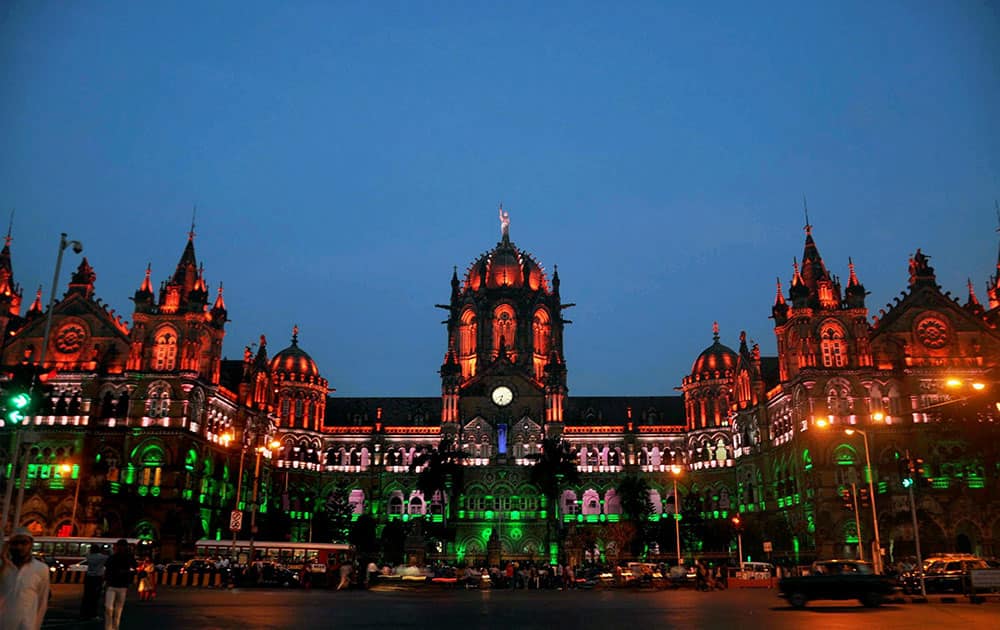 Chhatrapati Shivaji Terminus ( CST) illuminated on the eve of Republic Day, in Mumbai on Sunday night.