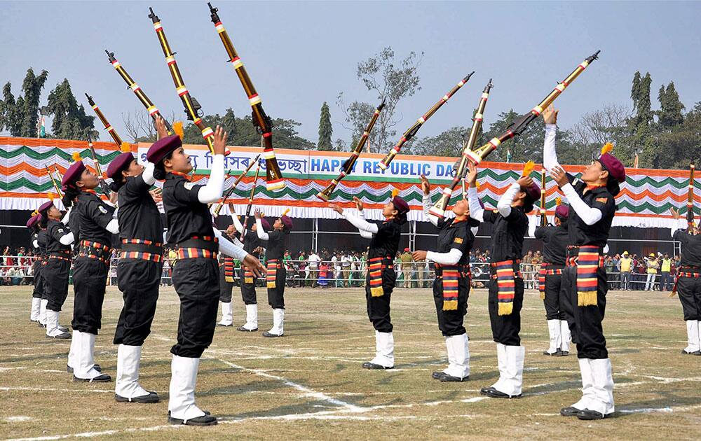 Assam police women commando team “Viranagana” showing their skills during the 66th Republic Day celebrations in Guwahati on Monday.