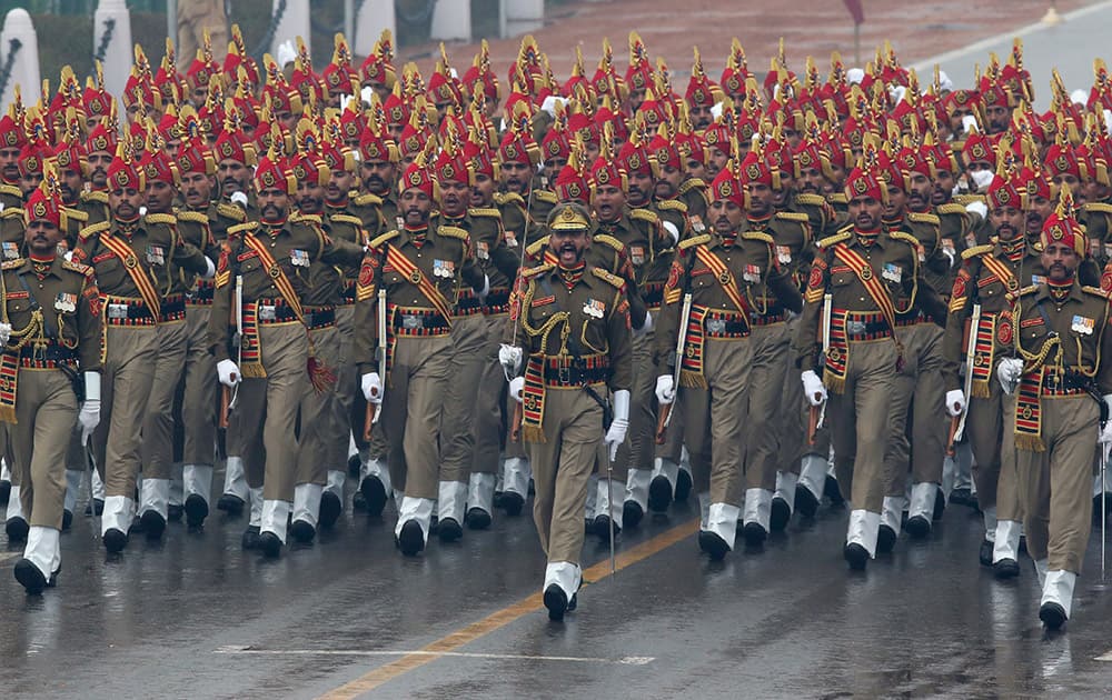 Paramilitary soldiers march during Republic Day parade in New Delhi. Republic Day marks the anniversary of India's democratic constitution taking force in 1950. Beyond the show of military power, the parade includes ornate floats highlighting India’s cultural diversity. 