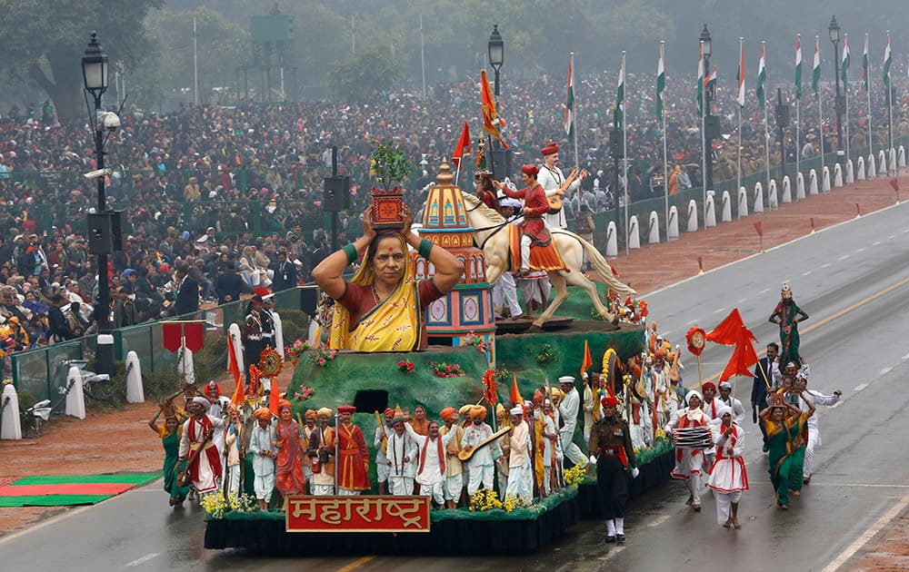 The tableau representing Maharashtra state moves past during the Republic Day parade in New Delhi.