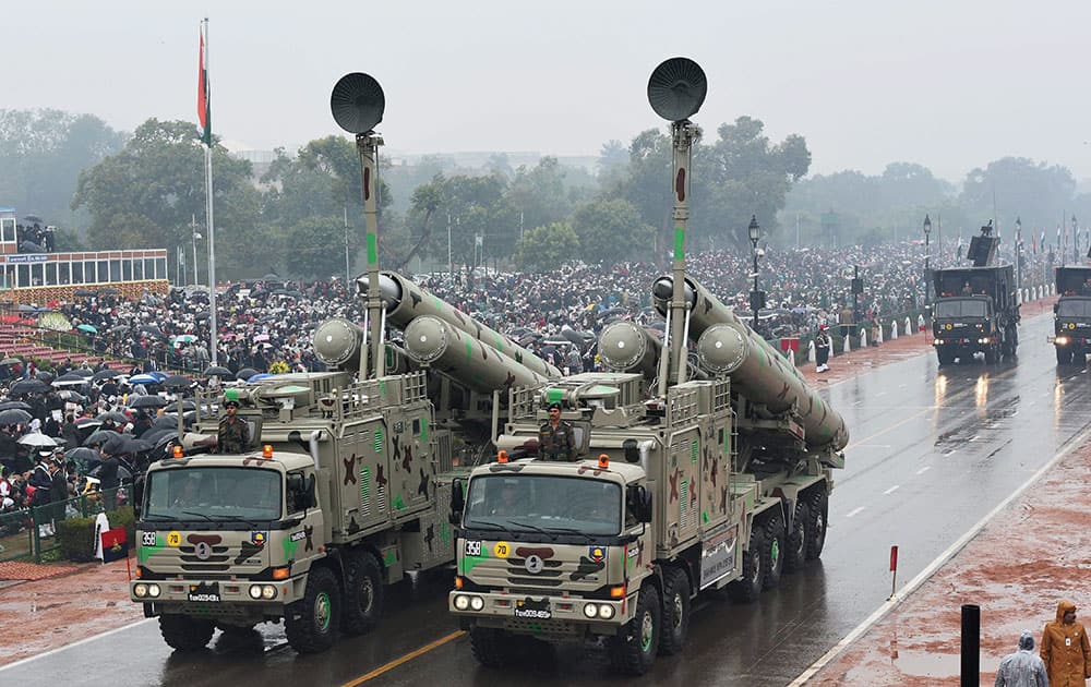 Brahmos Weapon System on display during the 66th Republic Day Celebration at Rajpath in New Delhi.