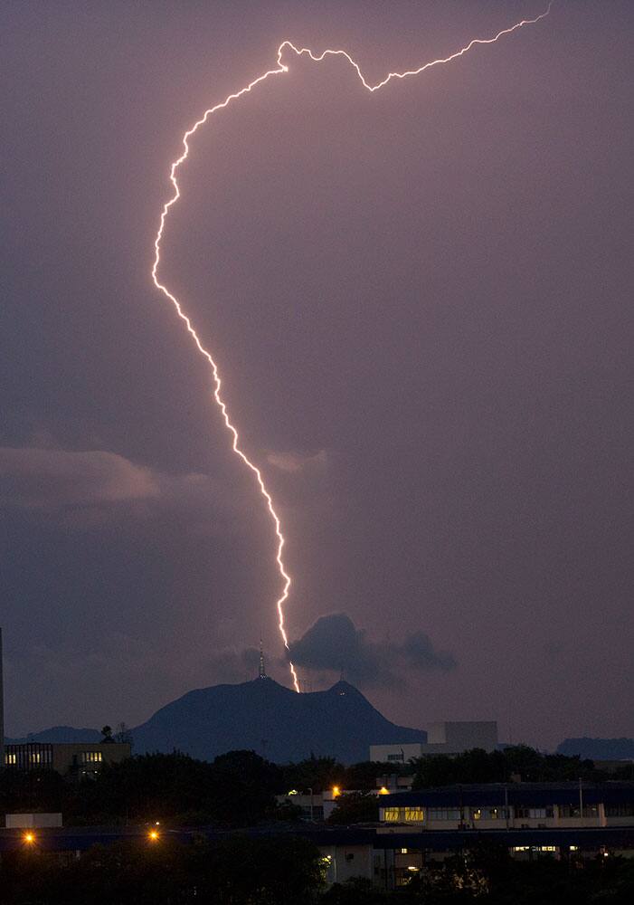 Lightning strikes during a heavy rain storm in Sao Paulo, Brazil.