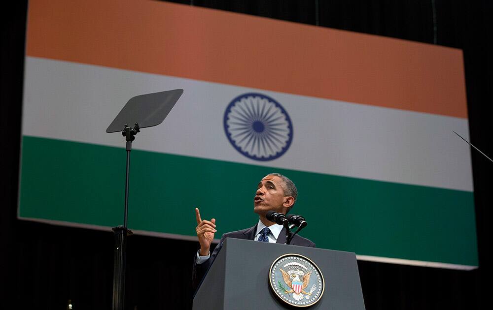 U.S. President Barack Obama speaks at the Siri Fort Auditorium in New Delhi.