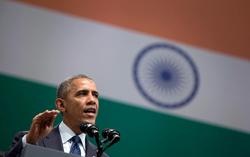 U.S. President Barack Obama speaks at the Siri Fort Auditorium in New Delhi.