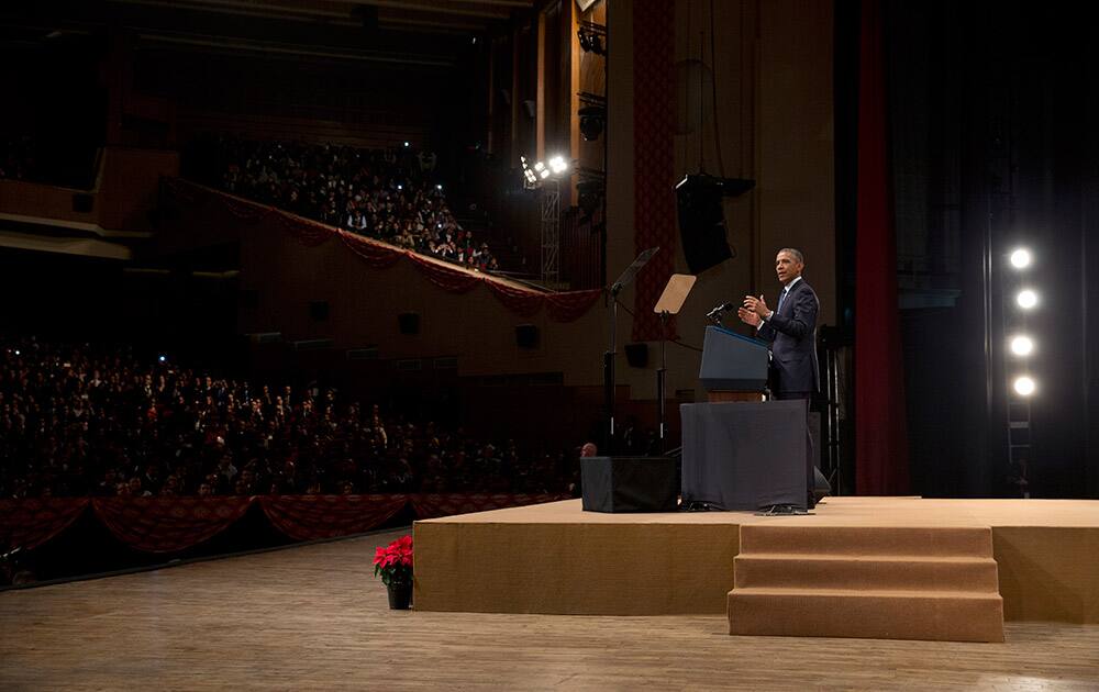 U.S. President Barack Obama speaks at the Siri Fort Auditorium in New Delhi.