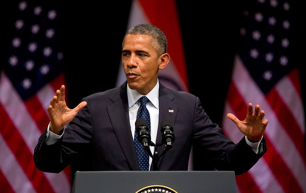 U.S. President Barack Obama speaks at the Siri Fort Auditorium, in New Delhi.