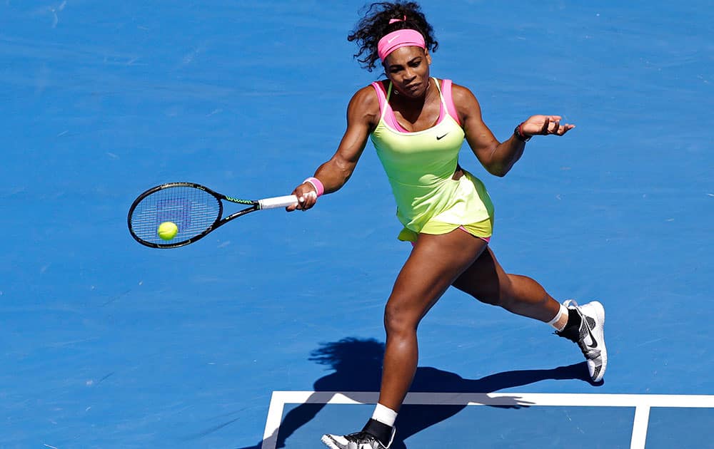 Serena Williams of the U.S. makes a forehand return to Dominika Cibulkova of Slovakia during their quarterfinal match at the Australian Open tennis championship.