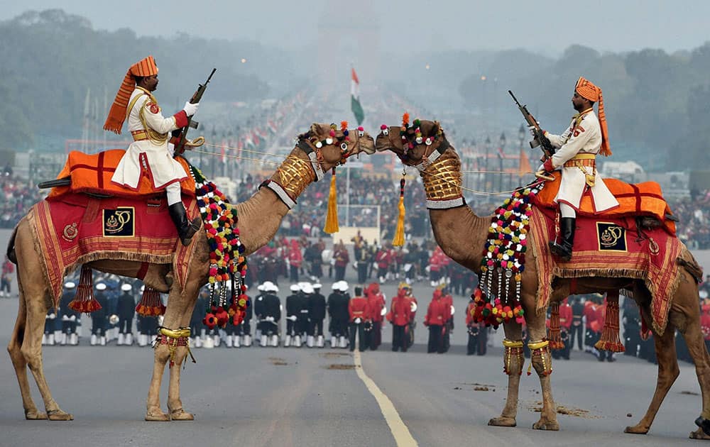 BSF soldiers mounted on camels participate in rehearsal for the Beating Retreat ceremony in New Delhi.