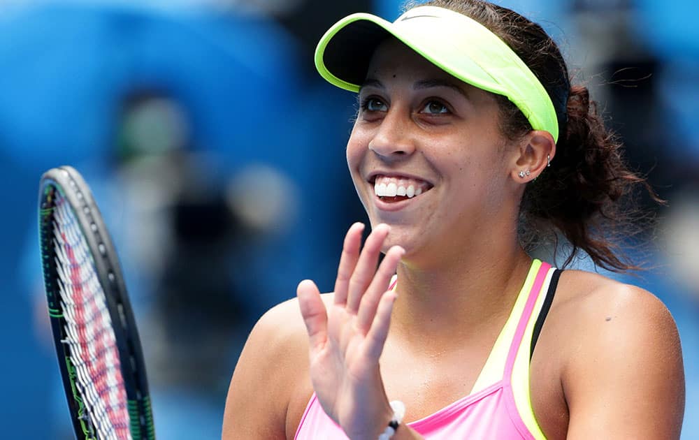 Madison Keys of the U.S. celebrates after defeating her compatriot Venus Williams in their quarterfinal match at the Australian Open tennis championship.