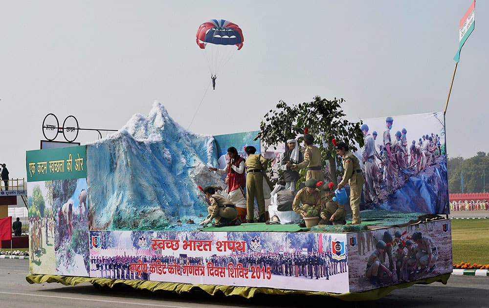 A tableau highlights Swachh Bharat campaign and other activities of the NCC during NCC PMs rally in New Delhi.