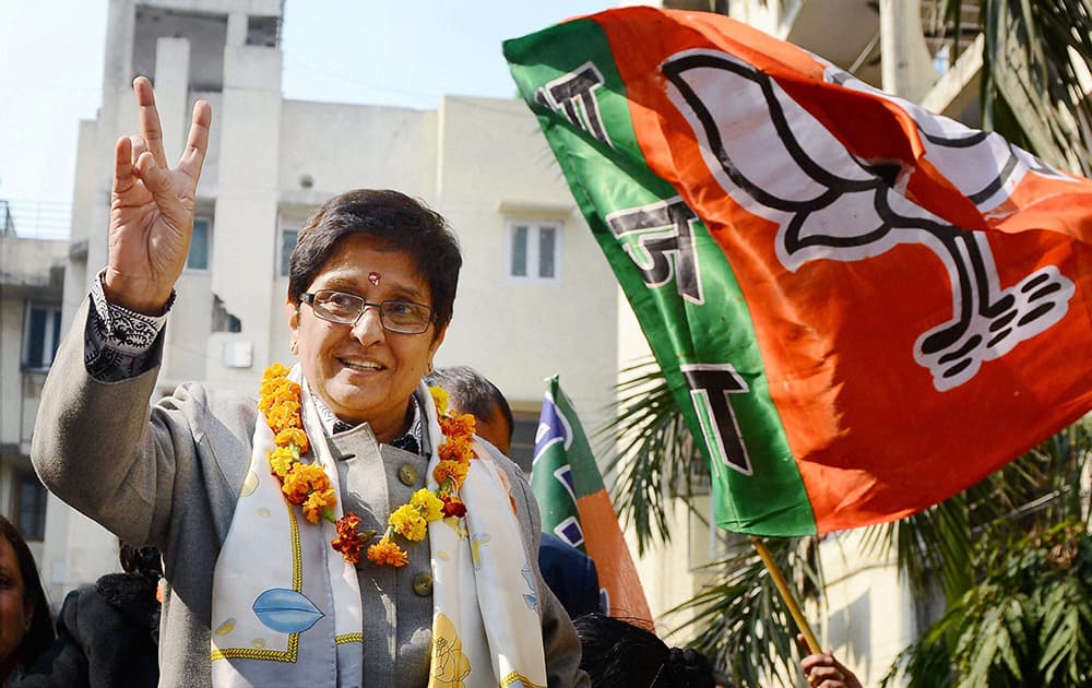 BJP Chief Ministerial candidate Kiran Bedi during her election campaign at Taj Enclave Geeta Colony in New Delhi.