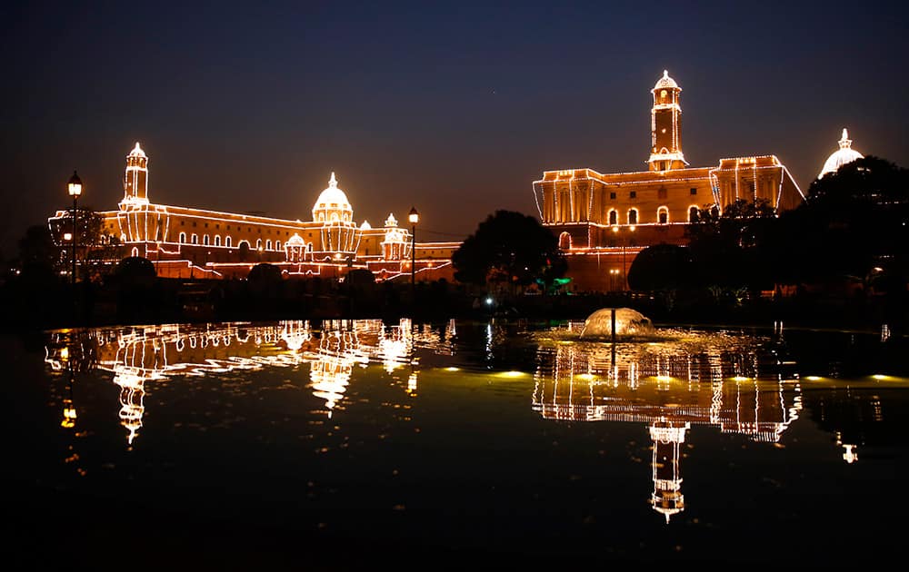 The illuminated Raisina Hill, which houses India's most important ministries and the presidential palace is reflected in a water body after the Beating Retreat ceremony, in New Delhi. The ceremony performed every year on the evening of January 29 by the three wings of the Indian military marks the end of Republic Day festivities.