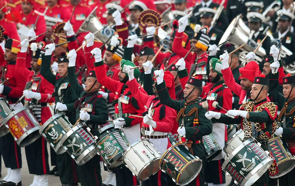 Services bands perform at the Beating Retreat ceremony at Vijay Chowk in New Delhi.