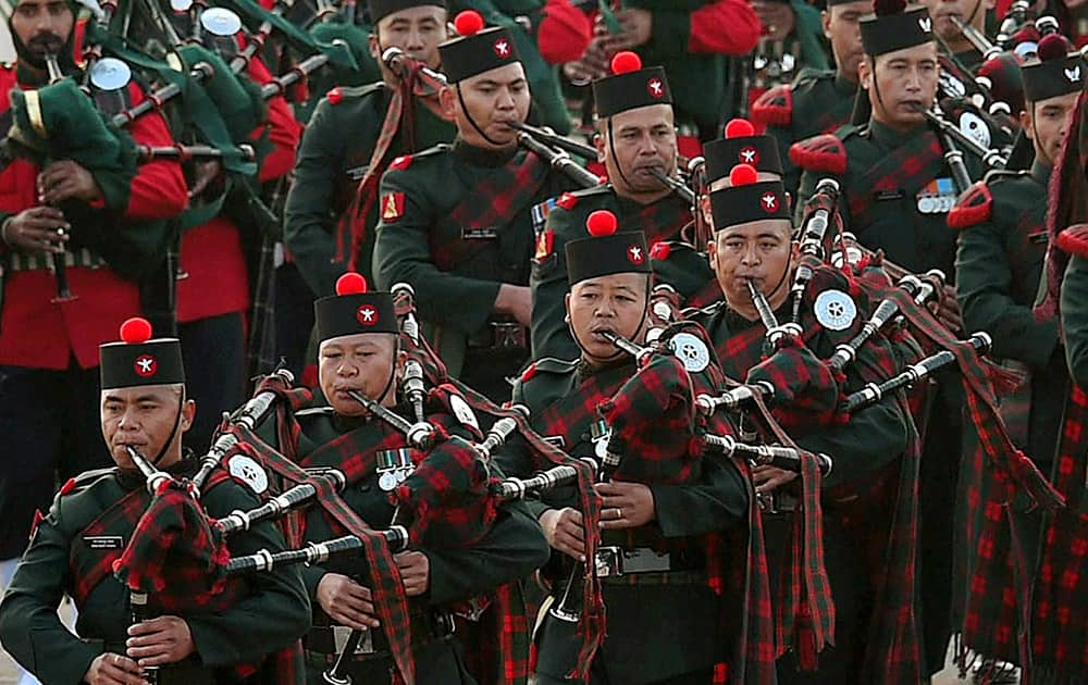 Bandsmen perform at the Beating Retreat ceremony at Vijay Chowk in New Delhi.