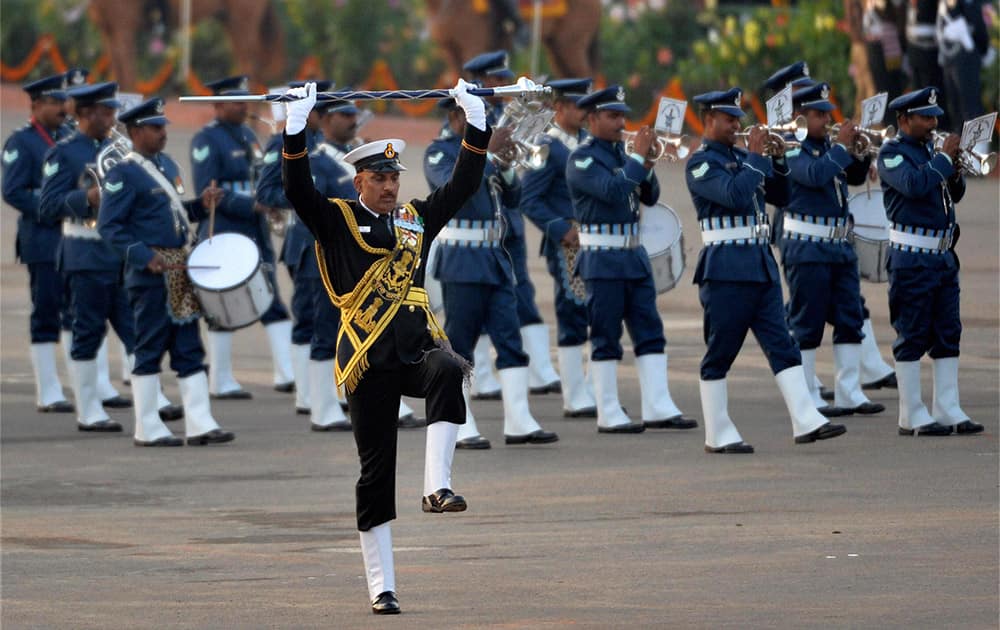 IAF band performs at the Beating Retreat ceremony at Vijay Chowk in New Delhi.