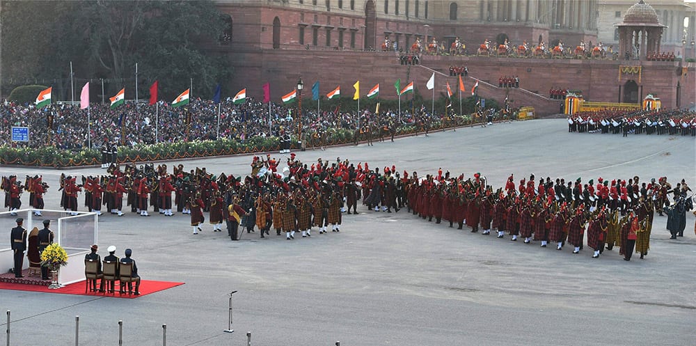 Services bands perform at the Beating Retreat ceremony at Vijay Chowk in New Delhi.